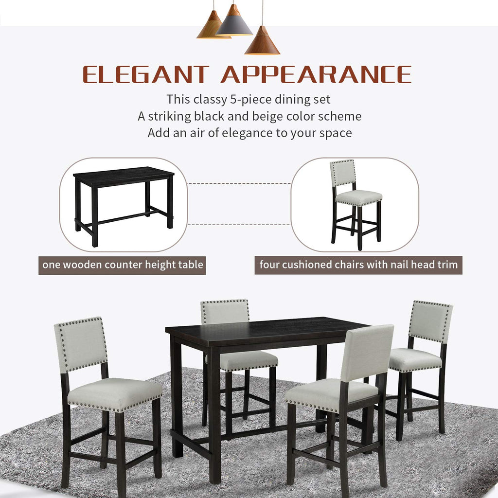 5 Piece Kitchen Table Set, Counter Height, Espresso and Beige