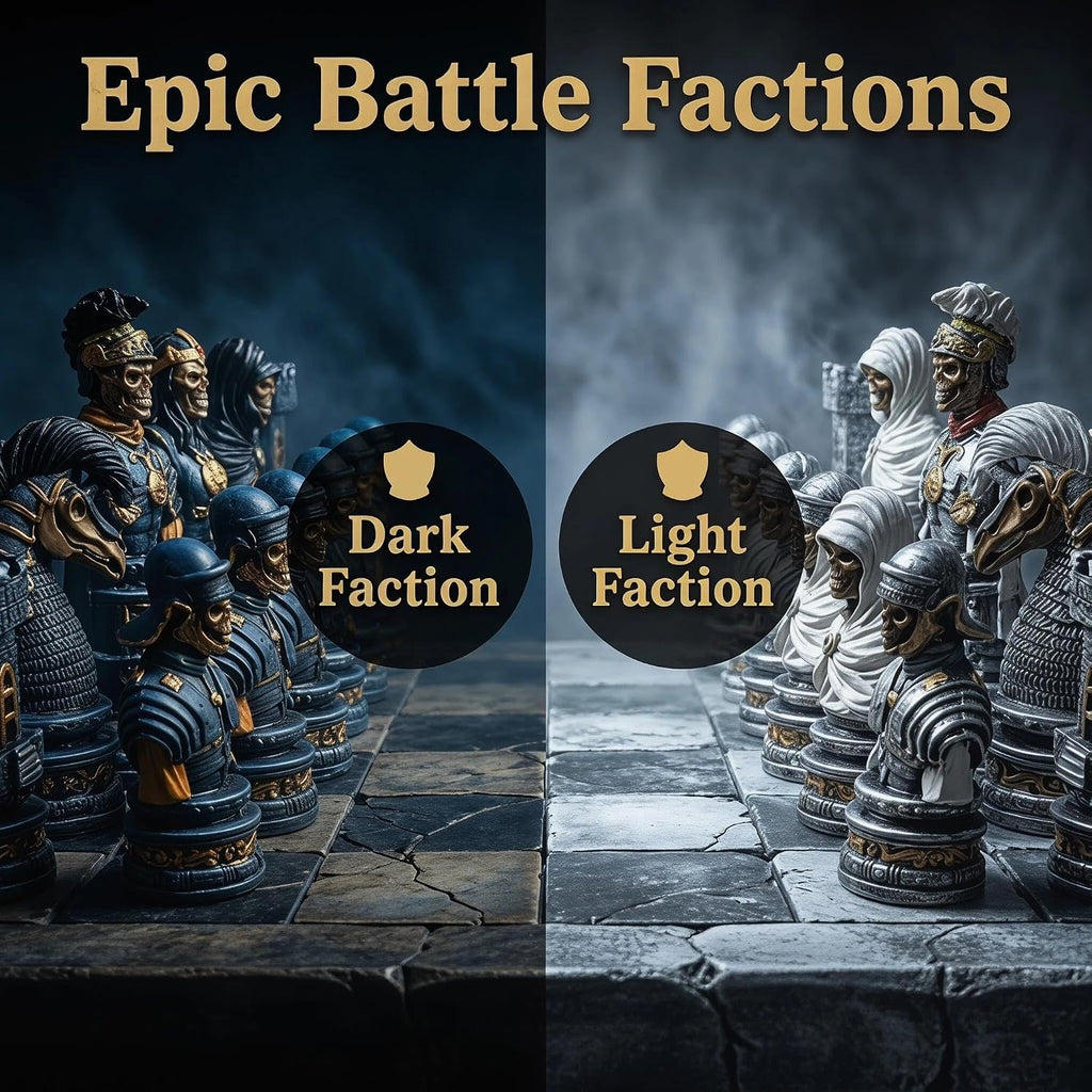 Medieval Gothic Skeleton Knights Chess Set, Hand Painted Undead Skull Resin Chess Pieces with Wooden Drawer Storage