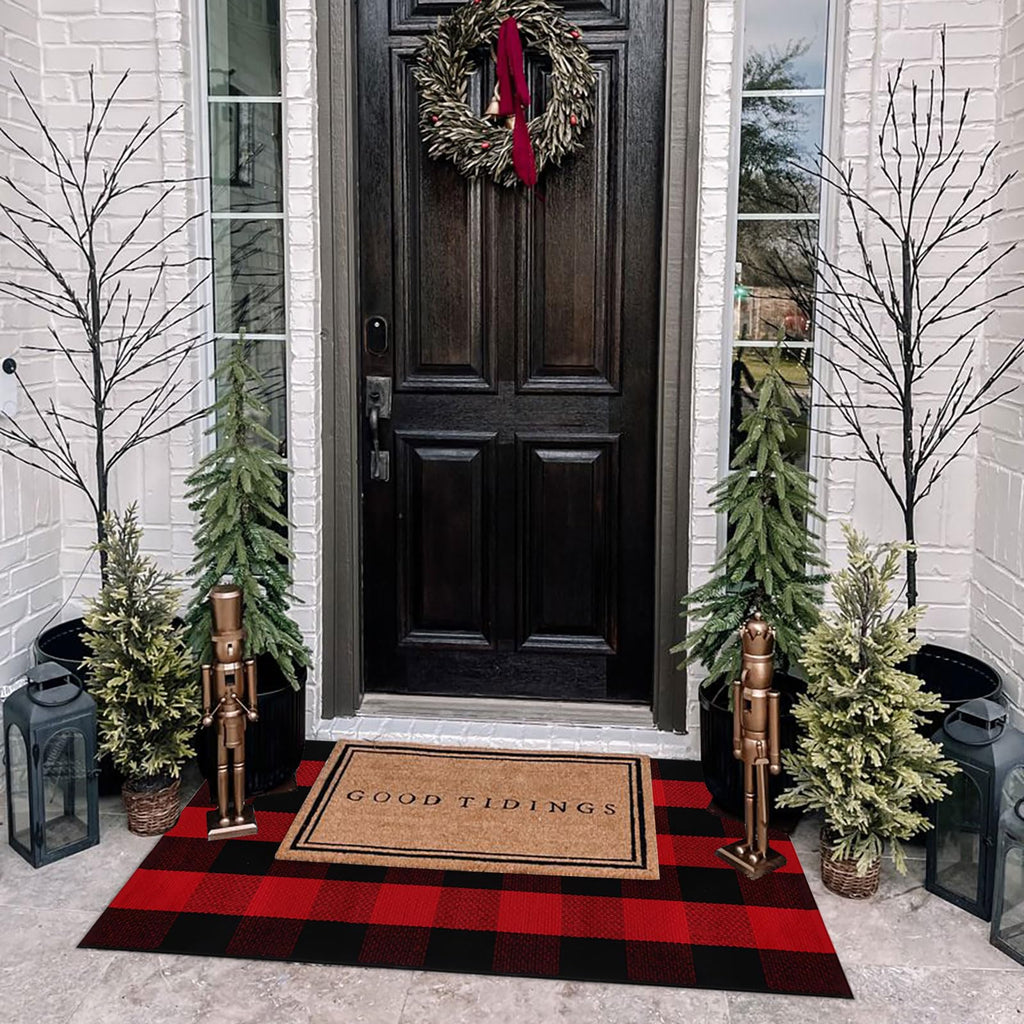 Christmas Door Mat Outdoor 27.5"x43" Buffalo Plaid Christmas Decor Rug Cotton Hand-Woven Layered Door Mats Washable