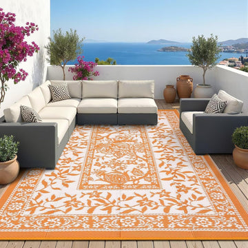 Outdoor Rug Waterproof Reversible Foldable Plastic Straw Orange