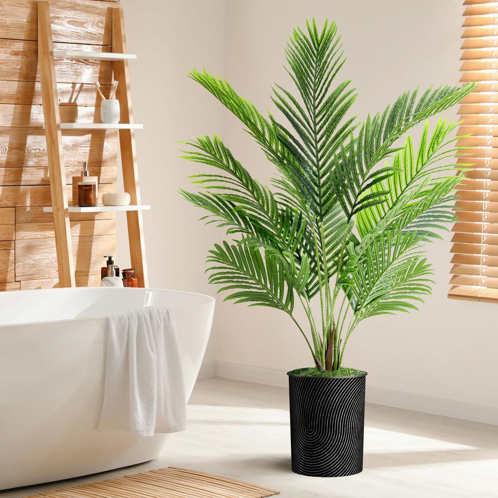 Tree in Geometric Spiral Pattern Planter, Fake Areca Tropical Palm Silk Tree for Indoor and Outdoor Home Decoration