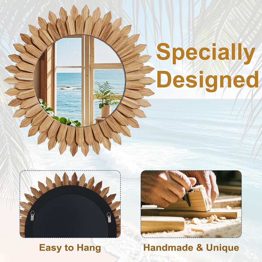 28" Round Sunburst Wooden Mirror Boho Rustic Wall Decor