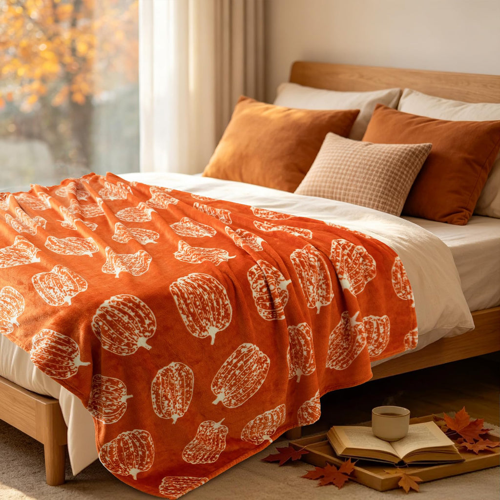 Pumpkin Printed Throw Blanket for Couch, Orange Fall Decor