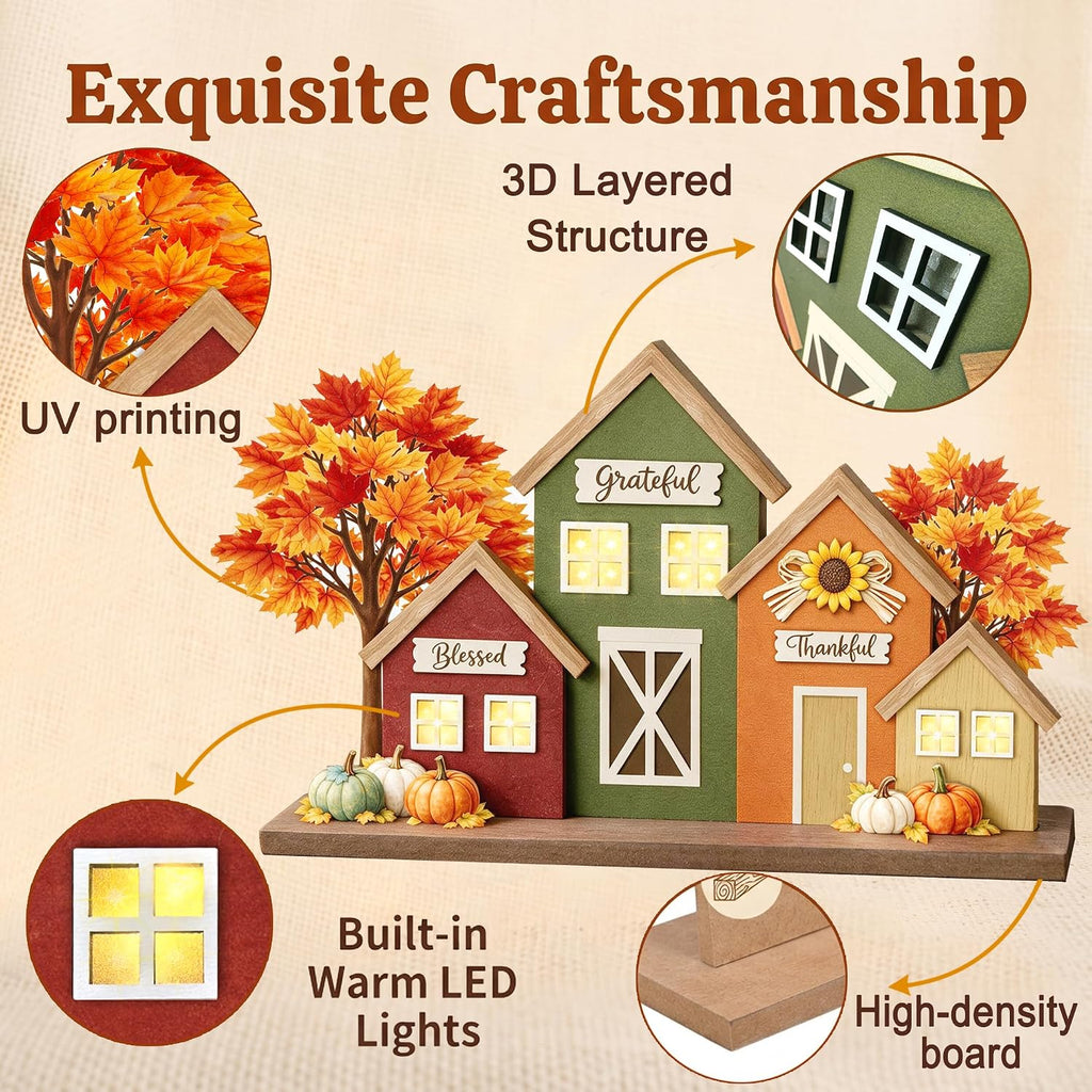 Fall Decor with LED Lights, Blessed Grateful Thankful Wooden Harvest Village Table Sign, Lighted Tabletop Decorations