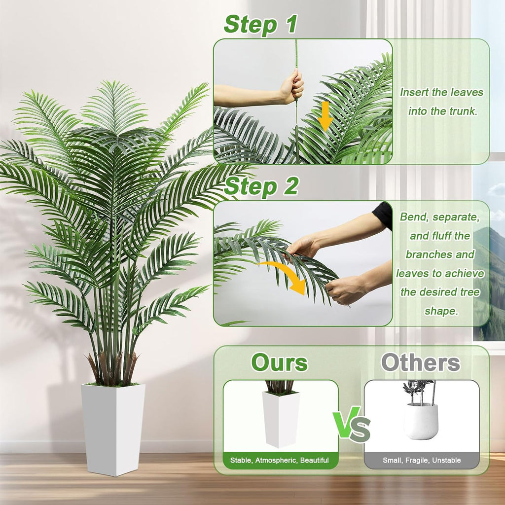 Artificial Palm Tree 6FT - Lifelike Fake Areca Palm Tree with White Tall Planter - Faux Indoor Tropical Floor Plant