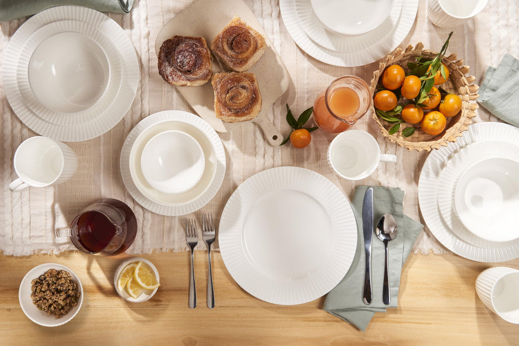 Bone China Dinnerware, 20PC Set, Service for 4, White Embossed, stripe, Microwave Safe, Translucent, Elegant