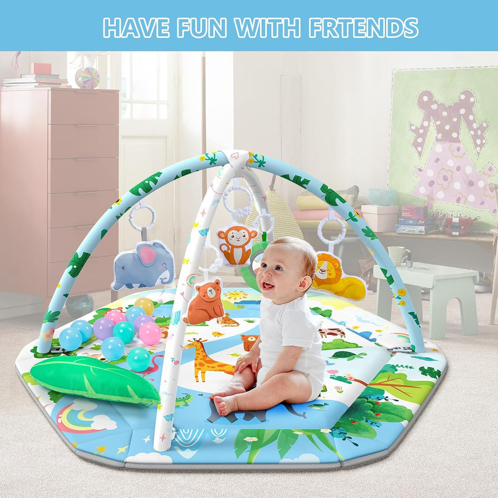 Gym Play Mat, in-1 Tummy Time Mat & Activity Gym Mat Ball Pit with Detachable Toys, Washable Infant Play Mat