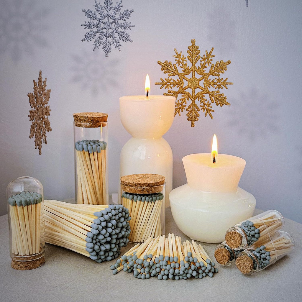 Decorative Matches in Mini Match Cloche Glass Jar Set | 4" Gray Long Matches (100 match sticks) + 3 Cork Top Dome - Set of 3