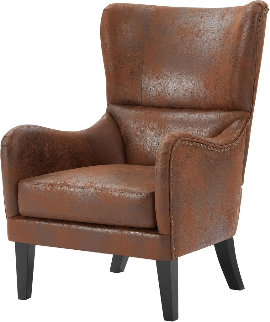 Elber Mid-Century Modern Wingback Accent Chair, Faux Suede Upholstered Club Chair with Cushion, Wooden Living Room