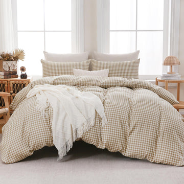 Brown Gingham Duvet Cover Bedding Set Prewashed Extra Soft