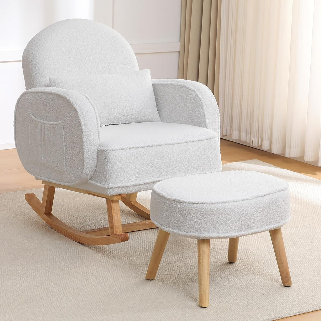 Rocking Chair Nursery with Ottoman Footrest, Upholstered Glider Rocker with High Backrest and Side Pocket, Rocking
