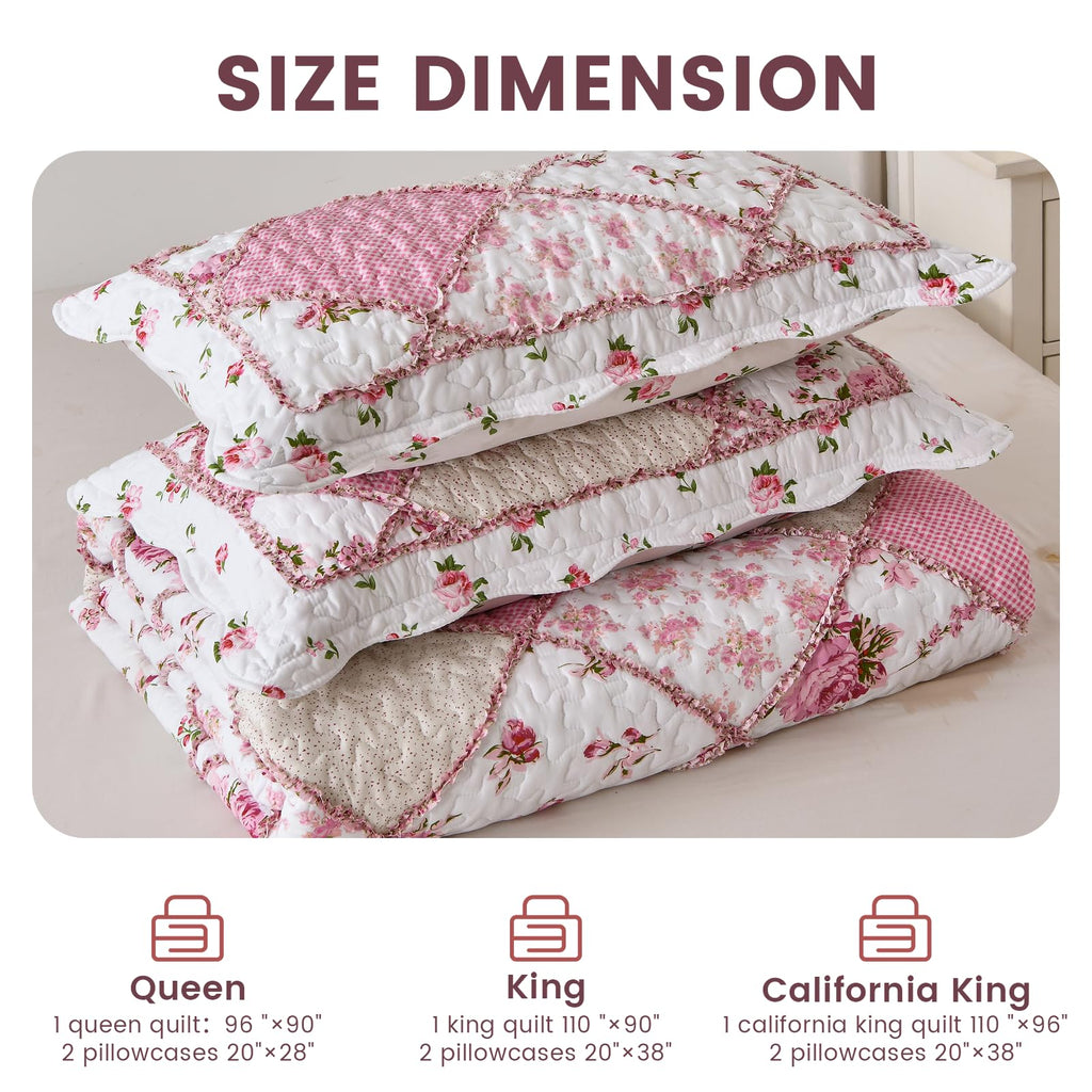 Pink Quilt Bedding Set, Floral Patchwork Reversible Quilts