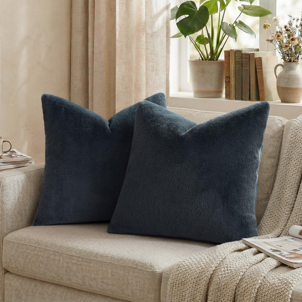 Faux Fur Decorative Throw Pillow Covers 22x22 Set of 2, Ink Blue