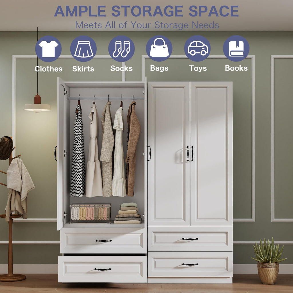 White Wardrobe Closet with 4 Drawers and 4 Doors, 75" H x 63" W