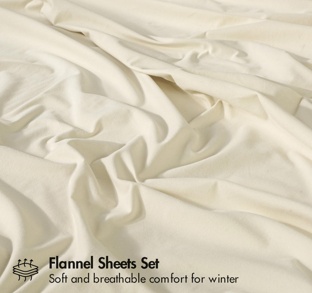 Flannel Sheets Full Size, 4 Pcs Ultra Soft Bed Set, Vanilla Cream
