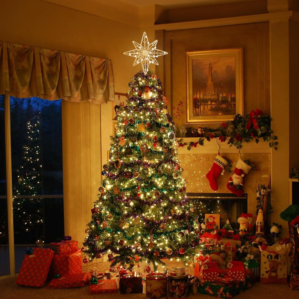Christmas Tree Topper, 11 Inches Lighted Gold Glittered 8-Point Star Tree Topper, 30 LED Sparkling Tree Toppers