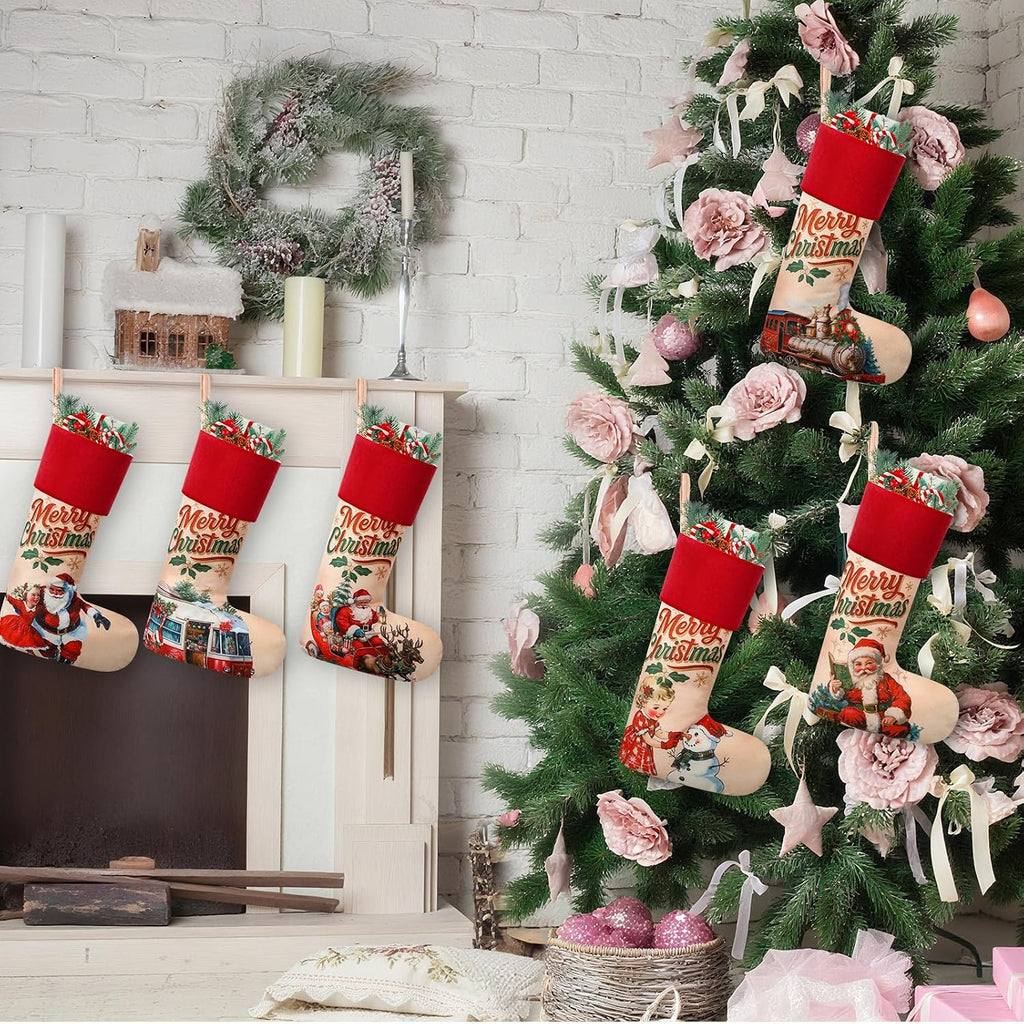 Vintage Christmas Stockings 18" Large Red Velvet Border - Set of 6