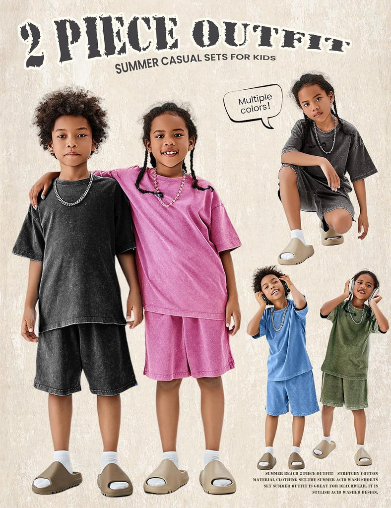 Boys Summer Outfits Acid Wash Short Sets 2 Piece Matching Clothes Set
