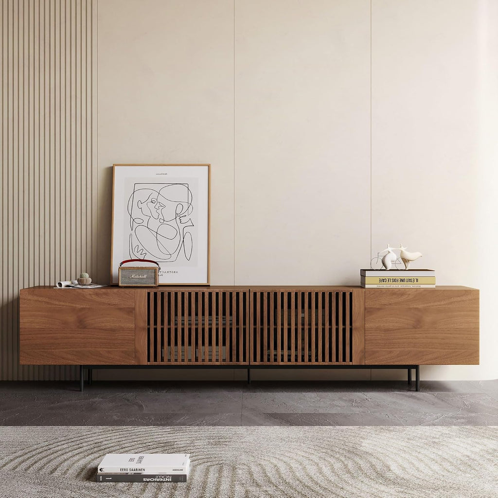 Mid Century Modern TV Stand for 80+ Inch TVs, 94.48" Walnut Console with Ample Storage - Stylish Entertainment Center