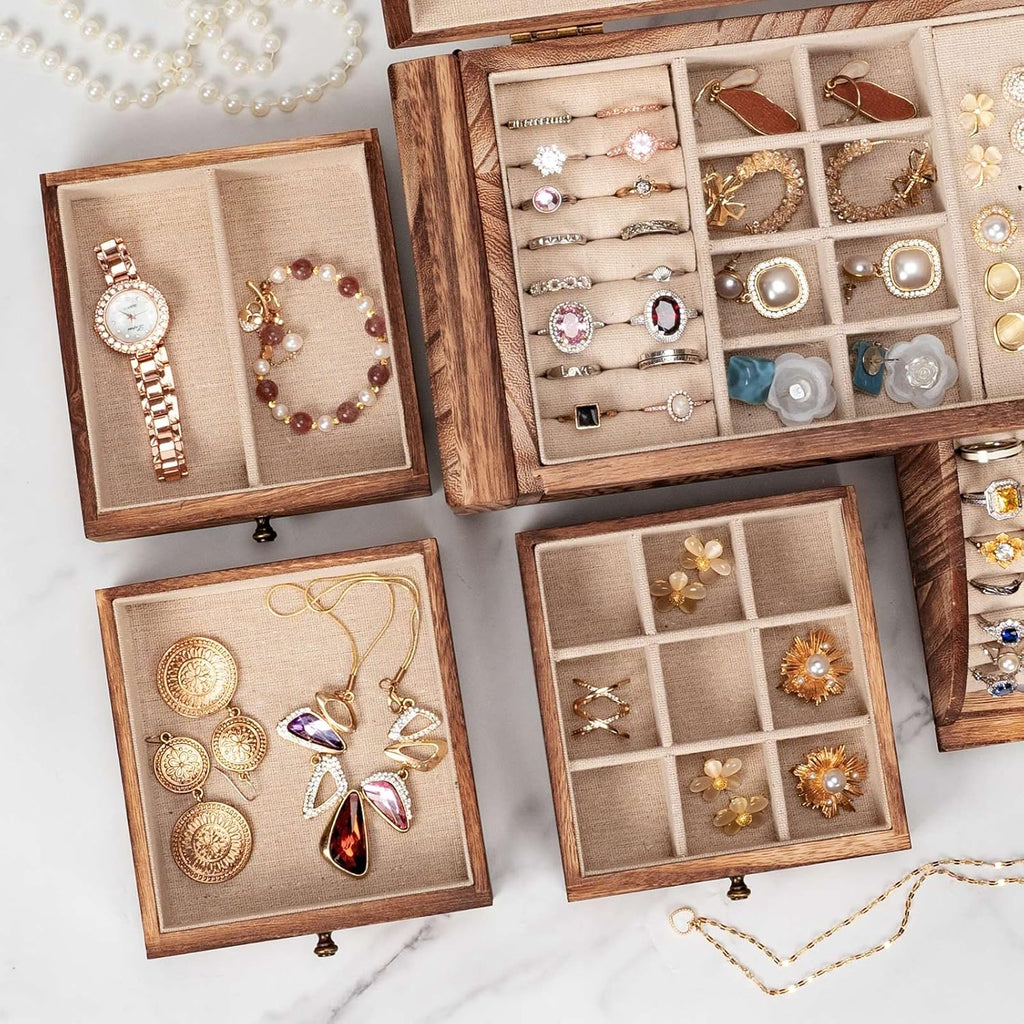 Jewelry Box Organizer, Solid Wood Jewelry Boxes for Women for Storage & Display Necklace Ring Earring Bracelet