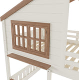 Bunk Bed Full Over Full with Ladder, House Bunk Beds with Bookshelf and Window for Kids, Teens, Beige & Natural