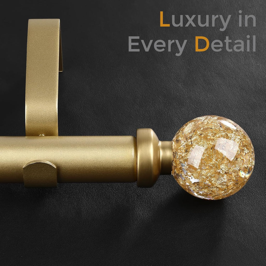 Gold Curtain Rods for Windows 28 to 48 Inch, 1'' Heavy Duty Adjustable Drapery Rod with Unique Crystal Ball Finials