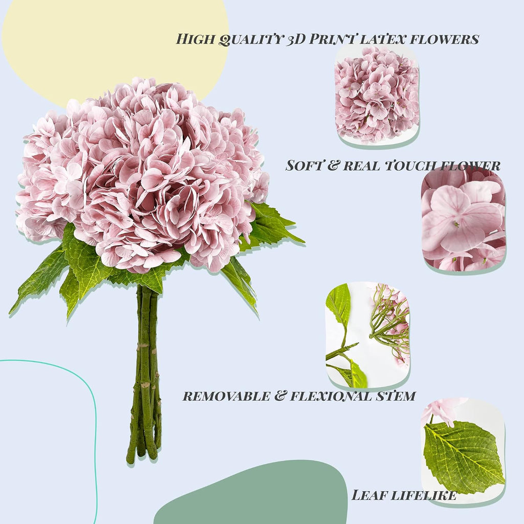 21In Pink Artificial Hydrangea Flowers with Stems - Set of 5