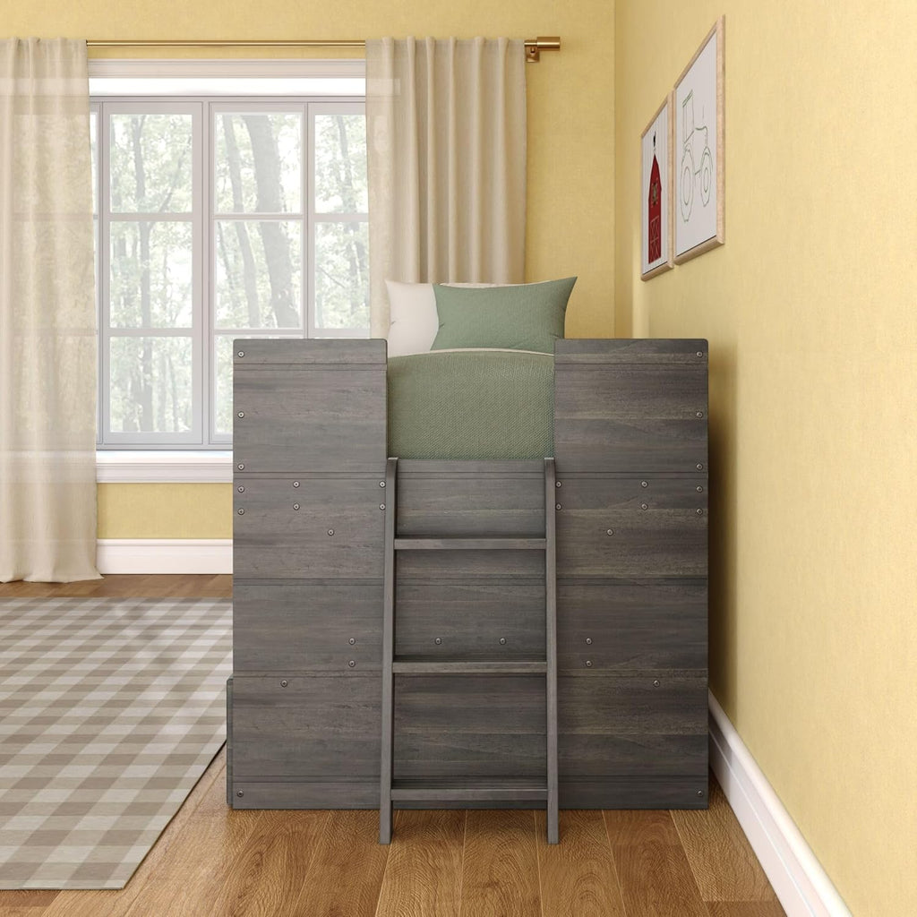 Loft Bed Twin, Solid Wood Low Loft Bed with Storage Drawer and Ladder, Modern Farmhouse Loft Bed for Kids, Driftwood