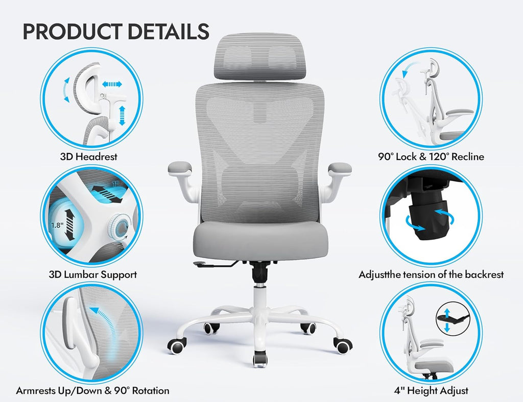 Ergonomic Office Chair: Mesh Desk Chair Comfy with Headrest& Lumbar Support | Big and Tall Office Chairs with Wheels