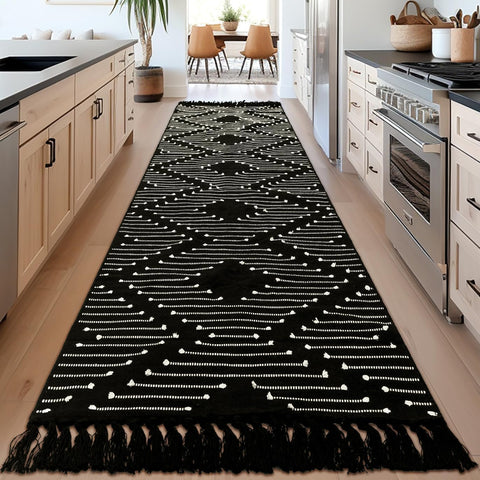 Boho Runner Rug 2x10 - Washable Long Hallway Rug with Tassels, Thin Woven Farmhouse Kitchen Runner R