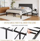 King Metal Platform Bed Frame,Linen Upholstered Button Tufted Headboard