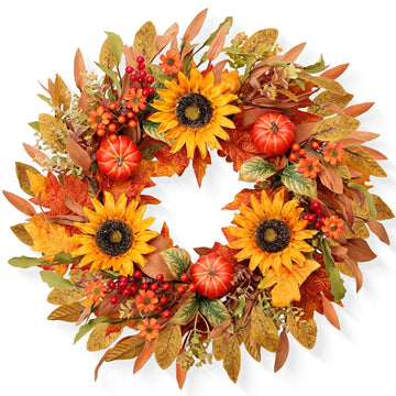 Fall Wreaths for Front Door 24 Inch Artificial Fall Wreath with Orange Pumpkins Berries Maple Leaves and Grapevine