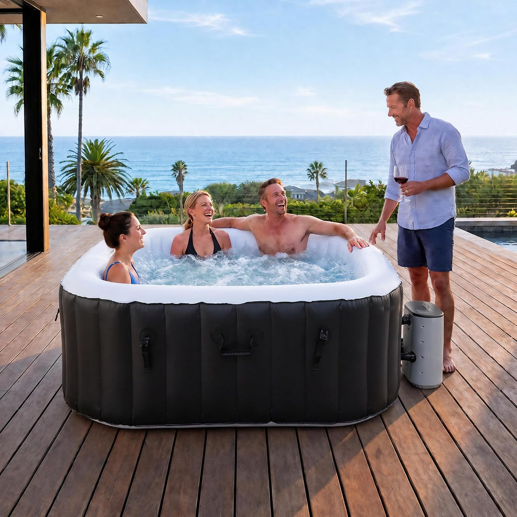 6ft Inflatable Hot Tub, 4-Person Outdoor Spa with 94 Air Jets & Heater | Square 40 °C Powerful Heating & Soothing