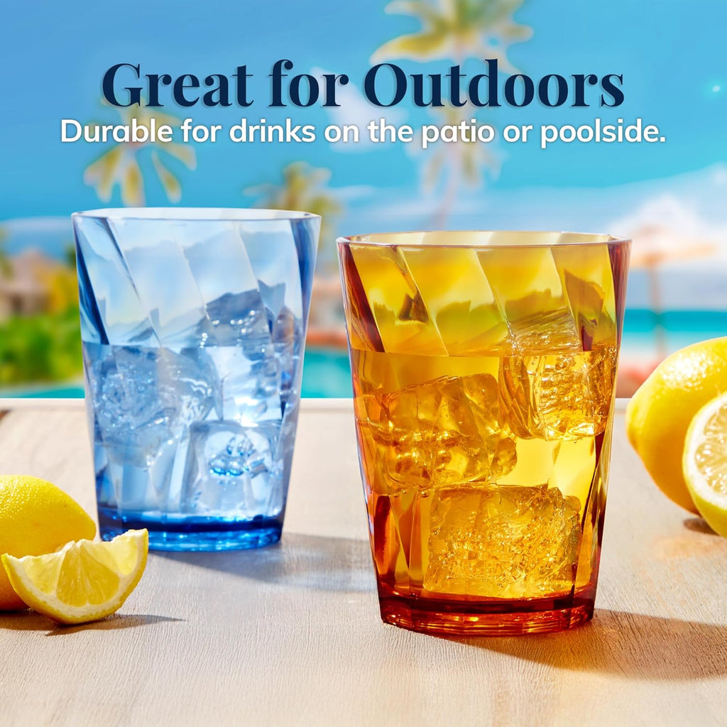 Optix Plastic Reusable Drinking Glasses (Set of 8) 14oz Rocks Cups in Jewel Tone Colors | BPA-Free Tumblers, Made in