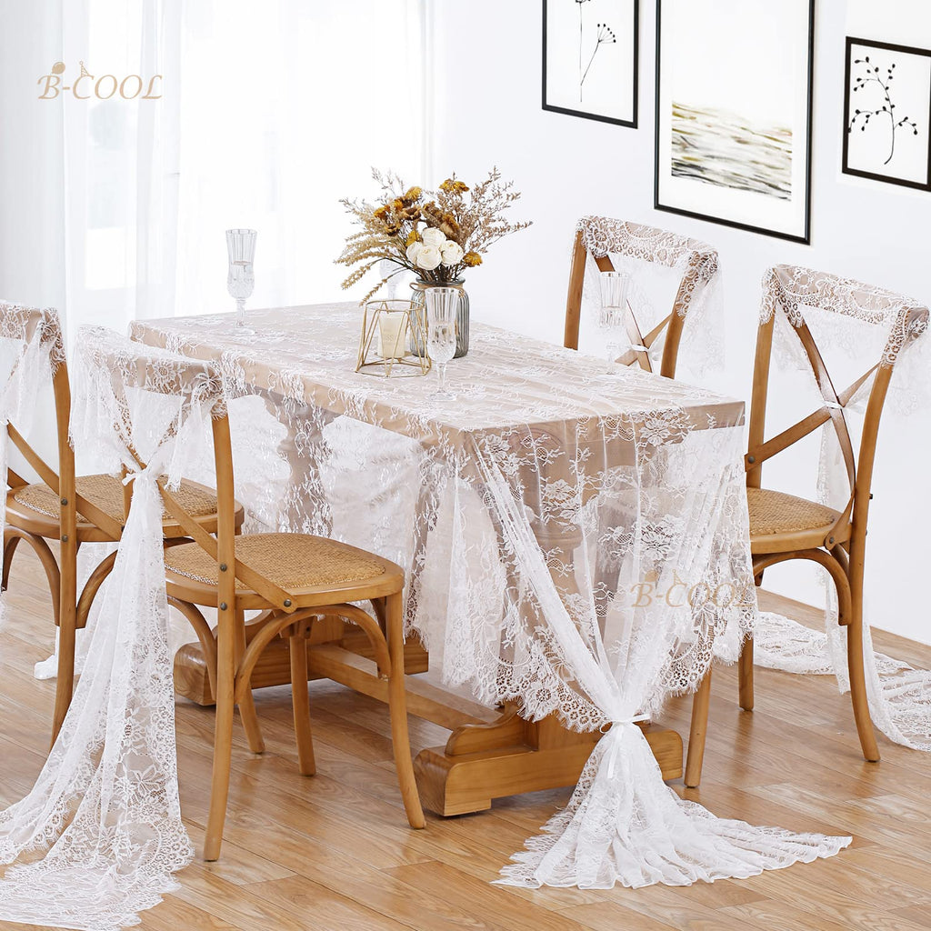 White Lace Tablecloth 5 Pack 60 x 120 Inch Wedding Table Cloth Rustic Table Overlay Sheer Table Cloths for Vintage