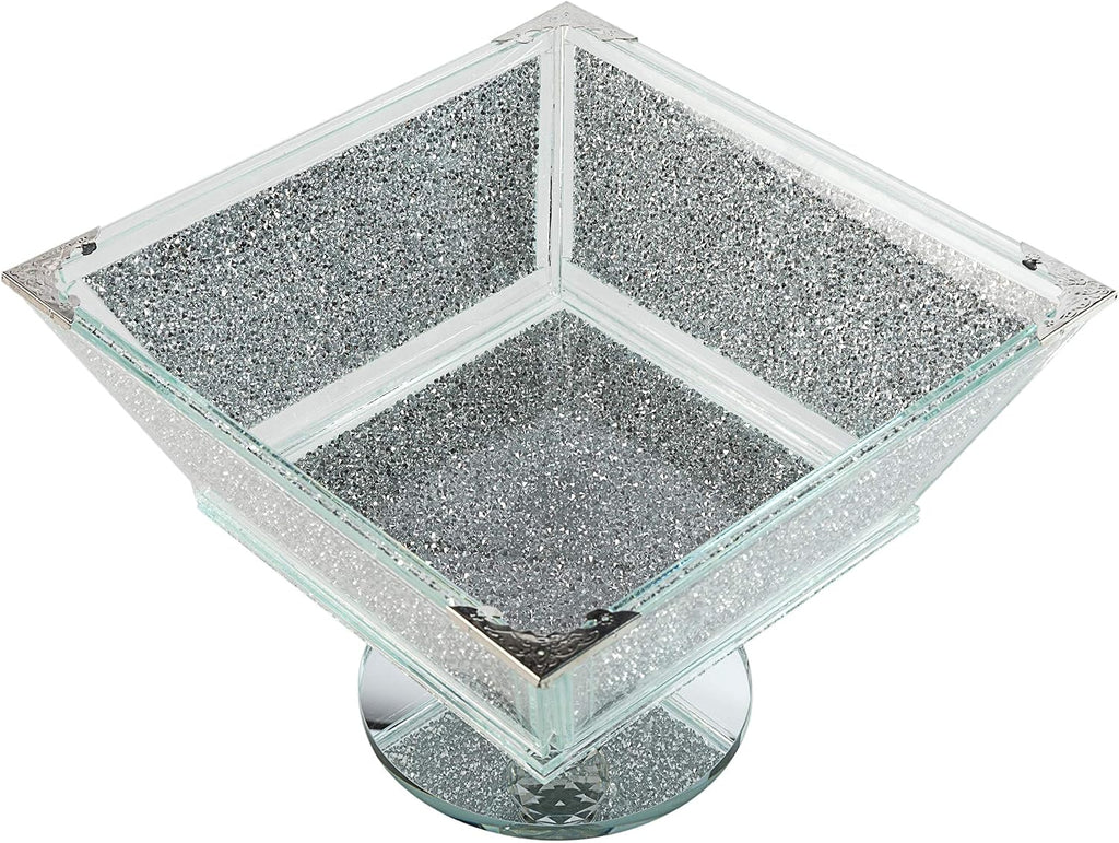 Crystal Extra Large Fruit Bowl Centre Piece Storage Sparkle Crushed Diamond Filled Silver Metal Frame Square Shape