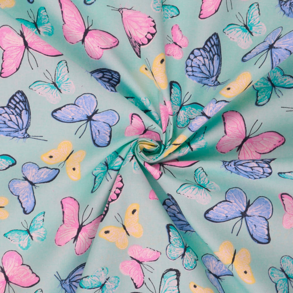 Fabrics Cotton Butterfly, Aqua Cut by The Yard
