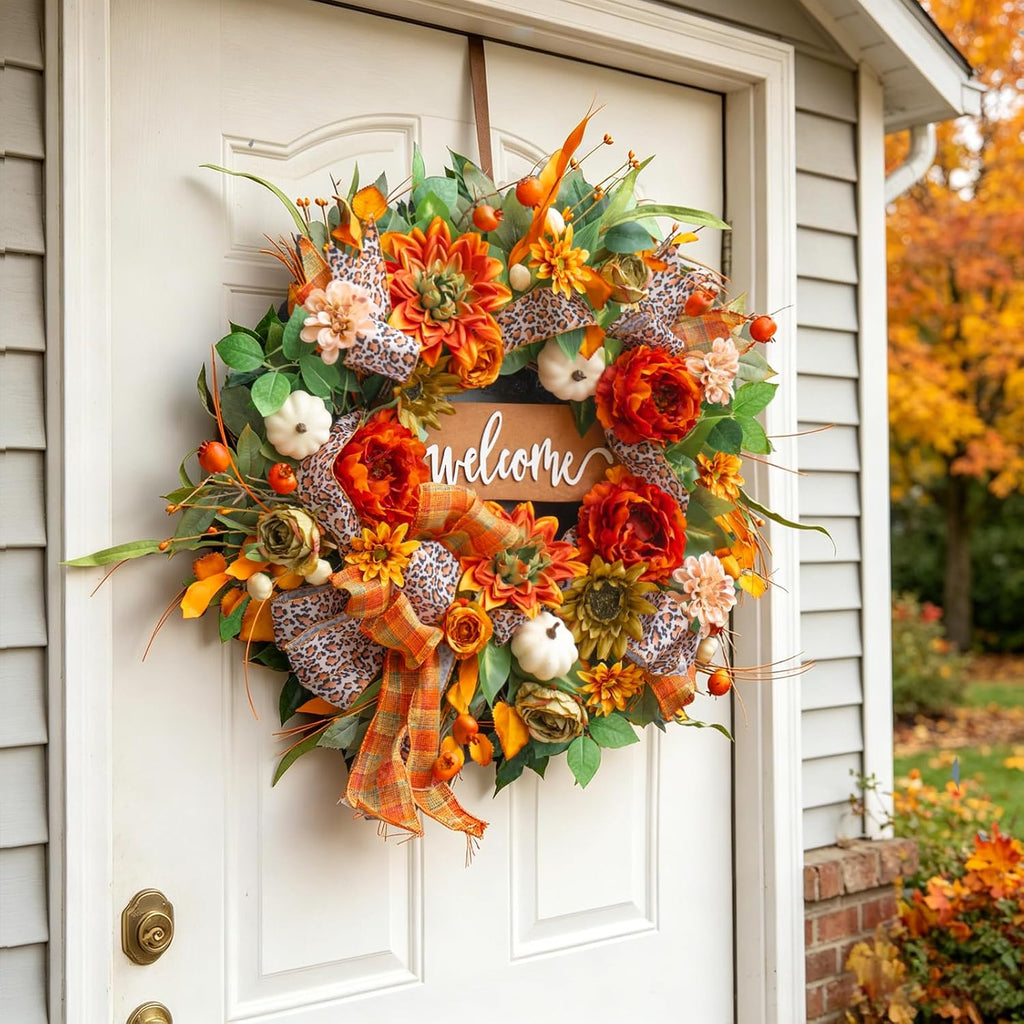 24 Inch Fall Wreaths for Front Door, Autumn Wreath with Welcome Sign
