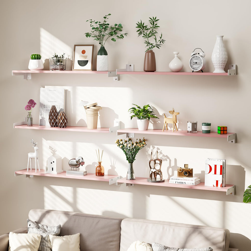Floating Shelves for Wall, Pink Wall Decor Storage, 6Pcs 24''