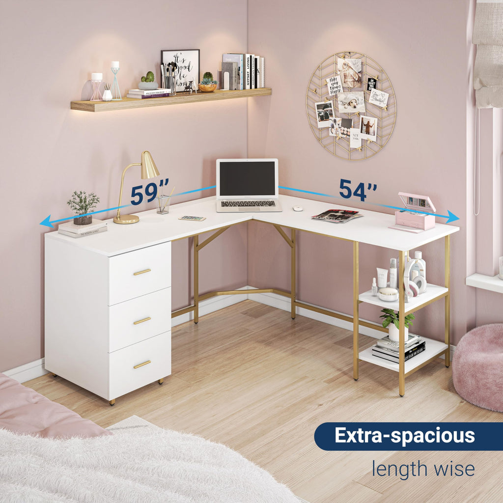 59" Two-Tone L‐Shaped Office Desk with Storage Shelves, Gold