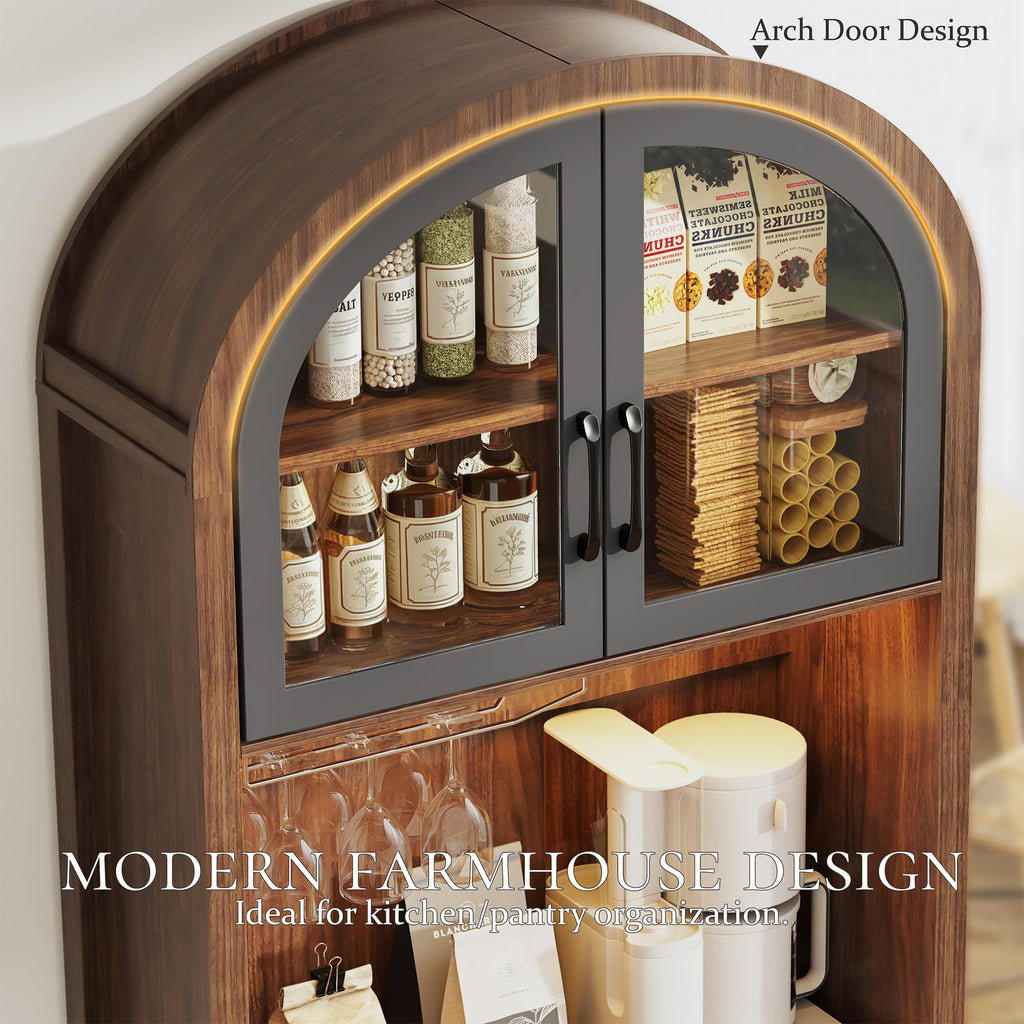 75" Arched Kitchen Pantry Cabinet, Coffee Bar Hutch Cabinet