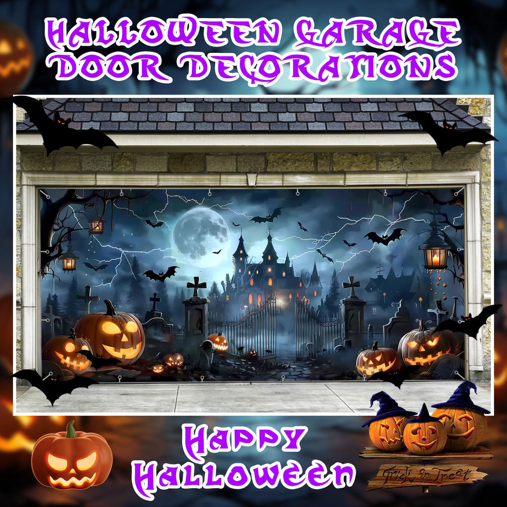 7x16ft Halloween Garage Door Cover Banner Large Hanging Backdrop Door Cover Gloomy Garage Wall Decoration Backdrop