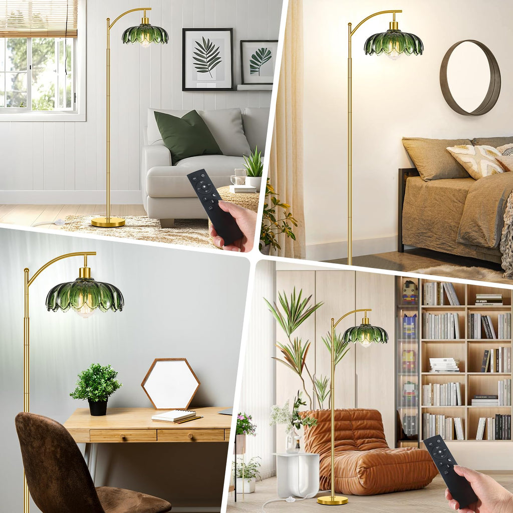 Gold Floor Lamp with Remote Control, Unique Vintage Standing Tall Lamp, Mid Century Modern Floor Lamps Arc Green Glass