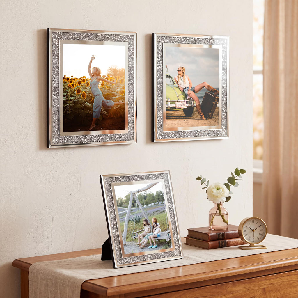 8x10 Picture Frame Glass Crushed Diamond Sparkle Photo Frames 2 Pack, Crystal Silver Mirror Frame Decor, Wedding Gift