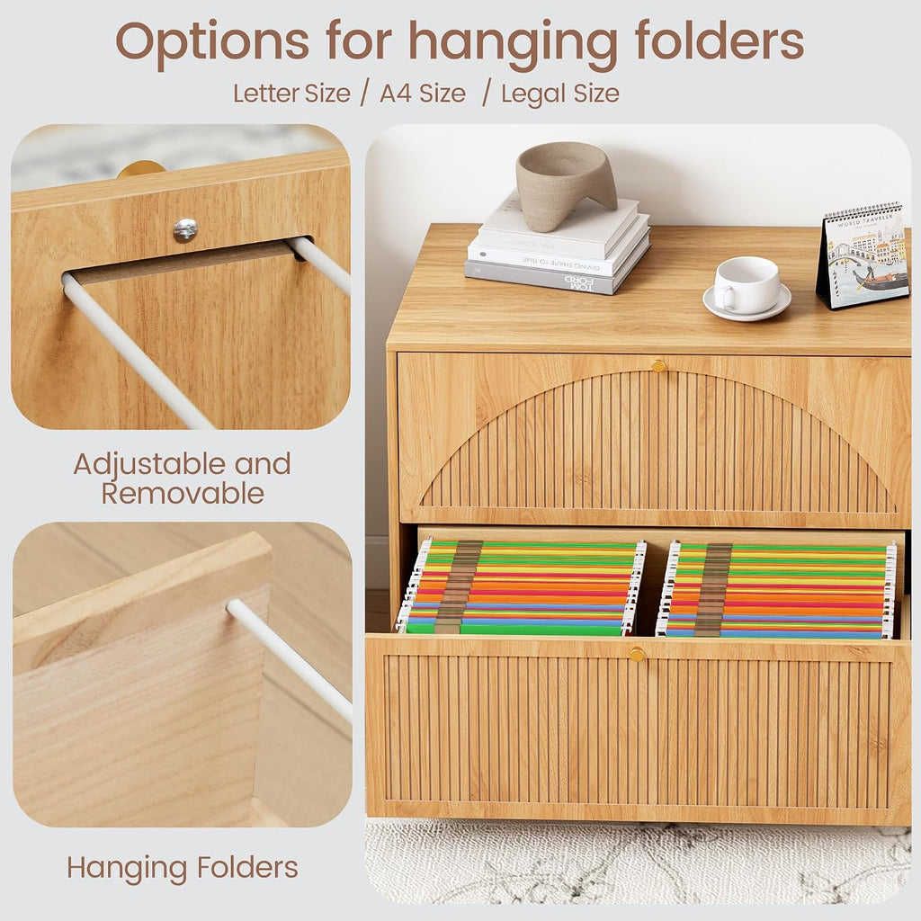 Fluted 2 Drawer Office Lateral File Cabinet | Mid-Century Modern, Hanging Rod, A4/Legal/Letter, Ultra-deep Drawers