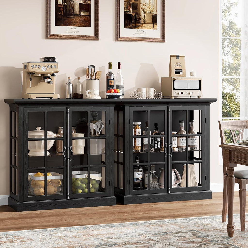 Modern 43" Display Cabinet, Vintage Curio Cabinet with LED Light and Wine Glass Holder, Farmhouse Wine Bar Cabinet