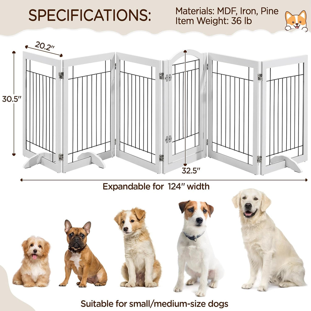 32-inch Tall Dog Gate with Door Extra Wide Pet Gate for Dogs, Foldable Wire & Wooden Puppy Safety Fence w/3 Support