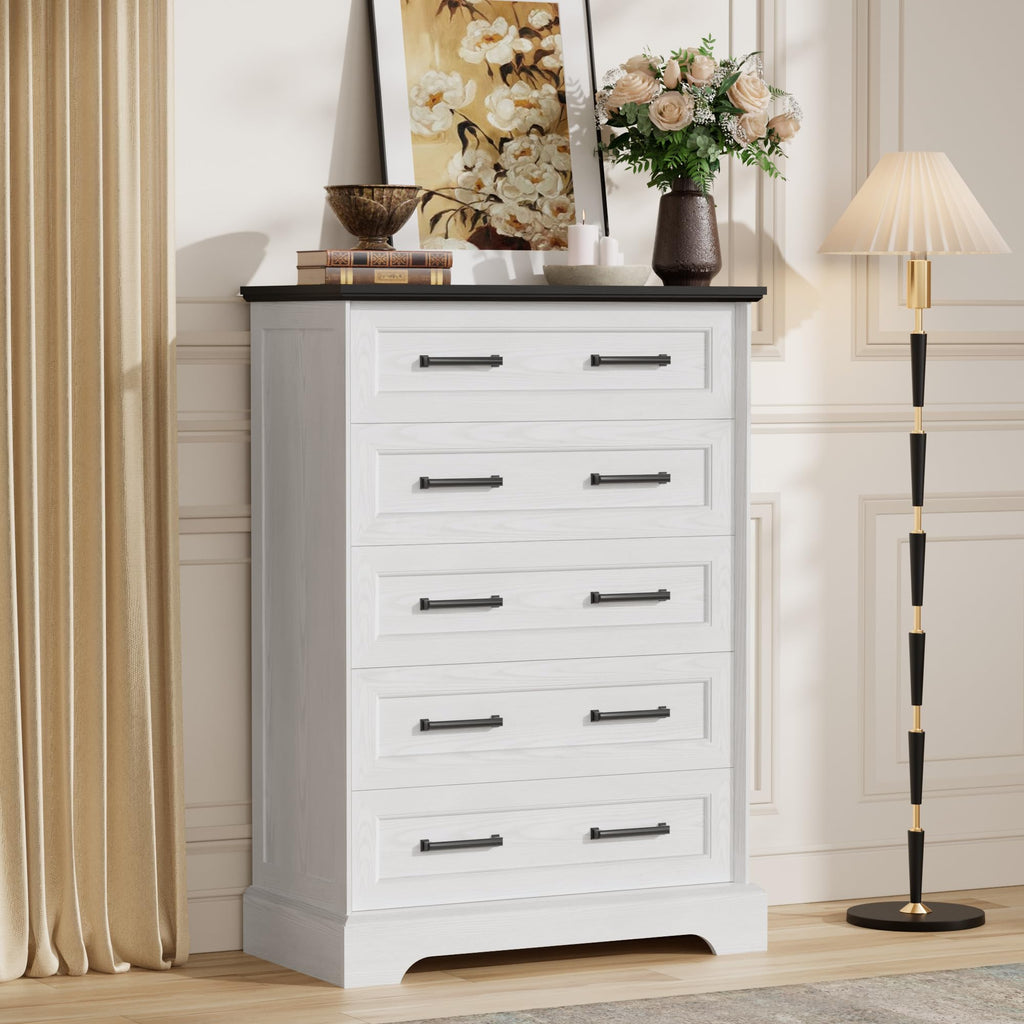 Farmhouse Dresser, 5 Drawers Dresser, White & Black