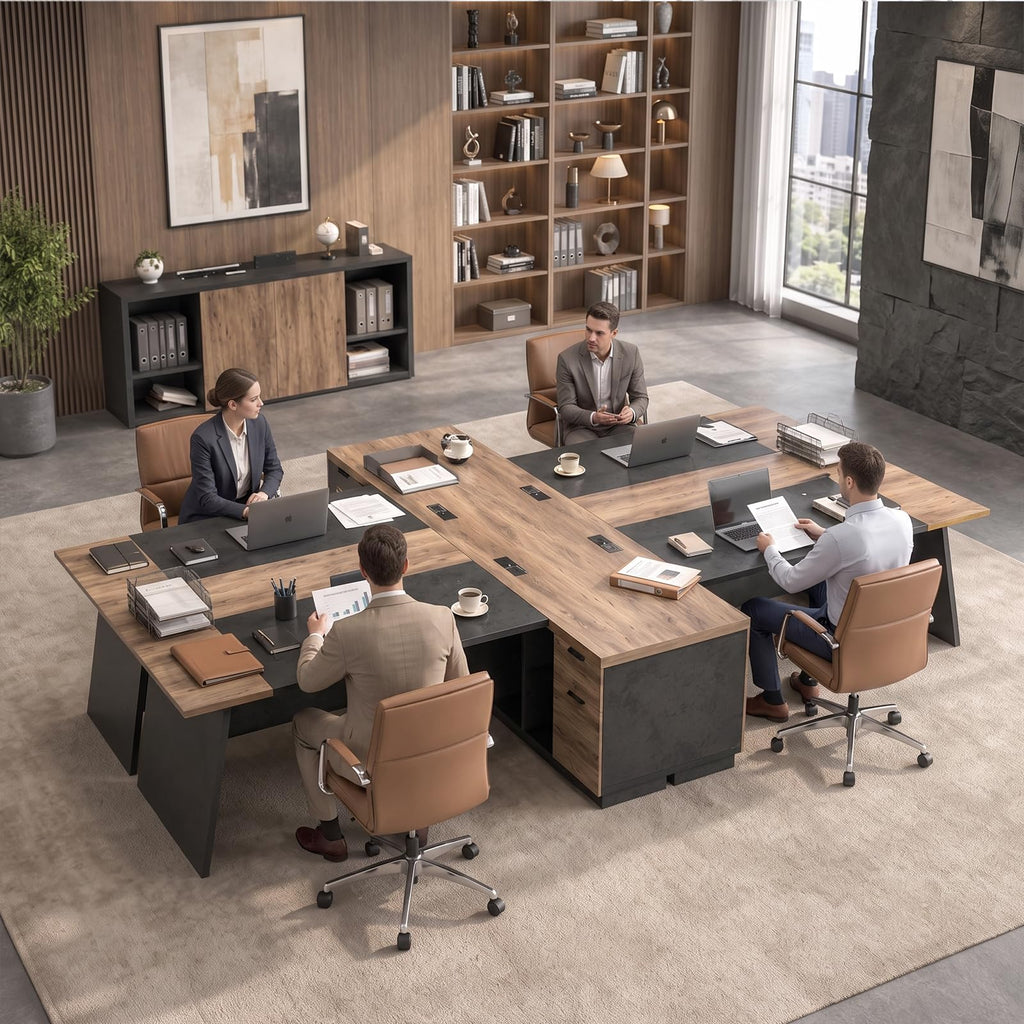 Office Desk with Drawers, 78.74 Inches L-Shape Executive Desk, Industrial Wood Desk with Storage Shelves, Modern