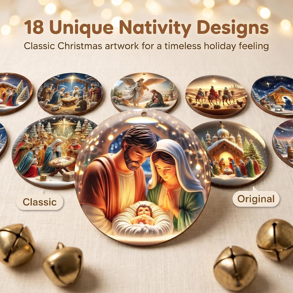Nativity Scene Wooden Christmas Ornaments - Set of 18